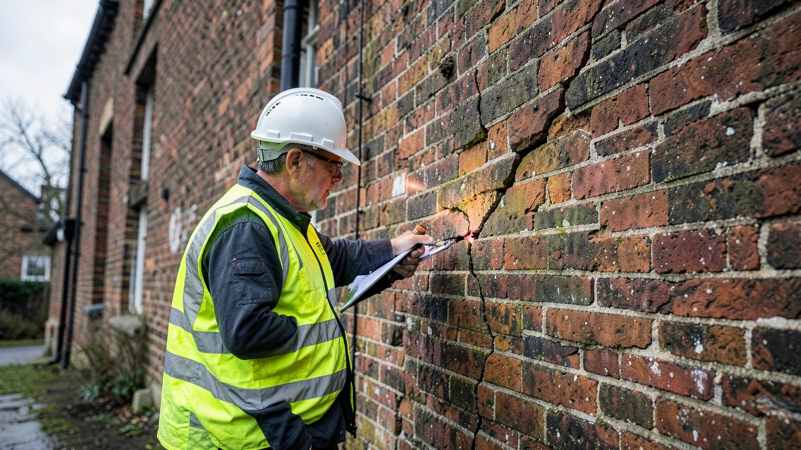 Engineer inspecting a crack in a brick building facade